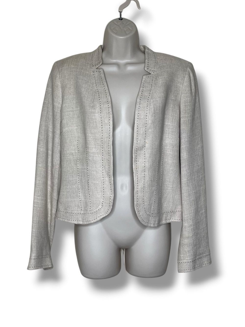 Vintage Linen Blend Open Front Cropped Jacket Blazer Beige Lightweight Women 10